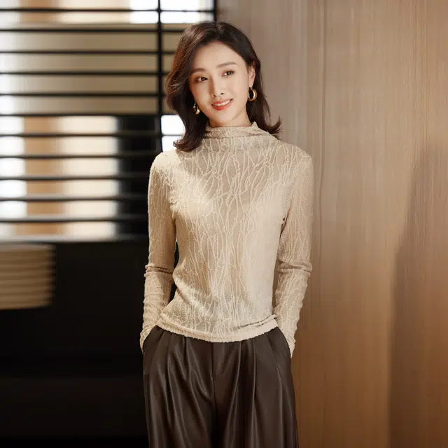 杭依阁 蕾丝网纱打底半高领套头长袖衬衫 女款