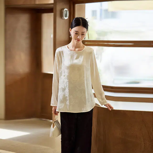 杭依阁 新中式圆领宽松纯色长袖衬衫 女款 白色
