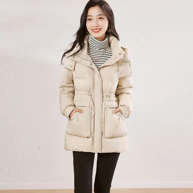 杭依阁 时尚纯色百搭休闲连帽长袖羽绒服 女款 米色