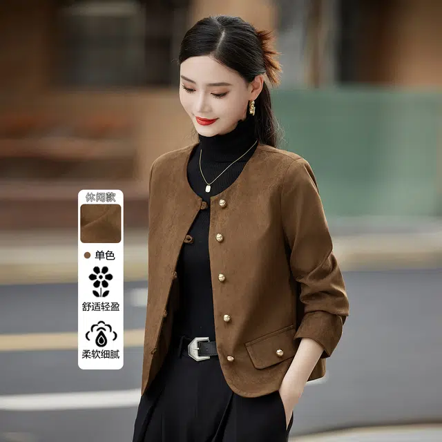 杭依阁 时尚复古美拉德圆领百搭短款夹克外套 女款 棕色
