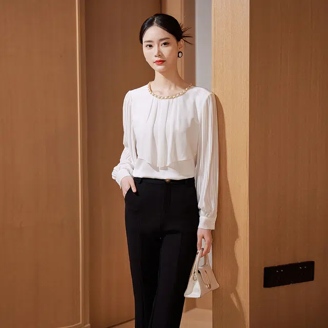 杭依阁 纯色圆领休闲长袖衬衫 女款