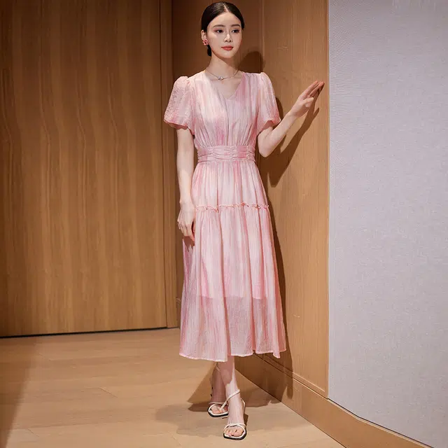 杭依阁 法式褶皱网纱时尚短袖连衣裙 女款 粉色