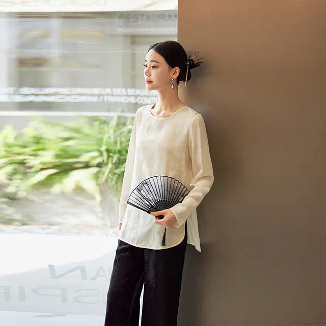 杭依阁 新中式圆领宽松纯色长袖衬衫 女款 白色