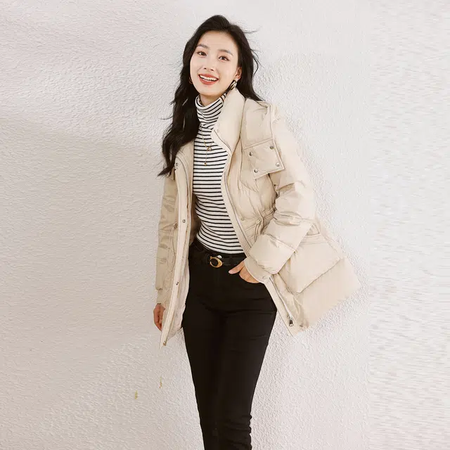杭依阁 时尚纯色百搭休闲连帽长袖羽绒服 女款 米色