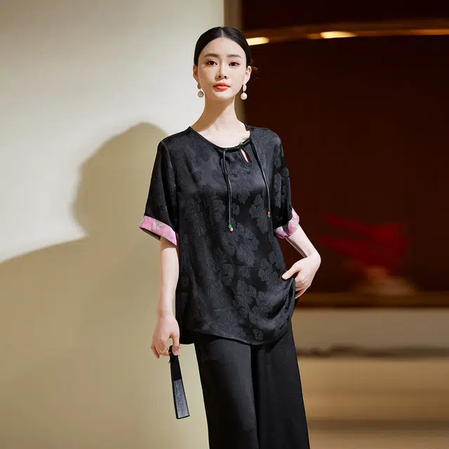 杭依阁 宽松提花拼接短袖衬衫 女款 黑色