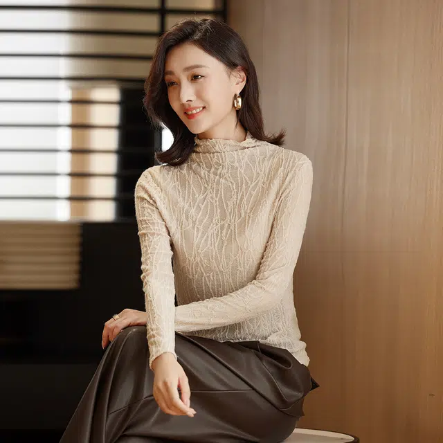 杭依阁 蕾丝网纱打底半高领套头长袖衬衫 女款
