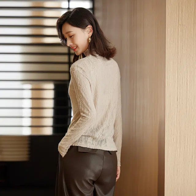 杭依阁 蕾丝网纱打底半高领套头长袖衬衫 女款