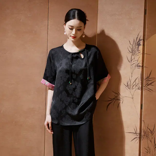 杭依阁 宽松提花拼接短袖衬衫 女款 黑色
