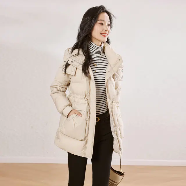 杭依阁 时尚纯色百搭休闲连帽长袖羽绒服 女款 米色