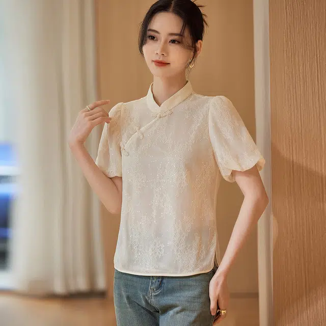 杭依阁 复古灯笼袖新中式盘扣设计泡泡袖立领短袖衬衫 女款 米色
