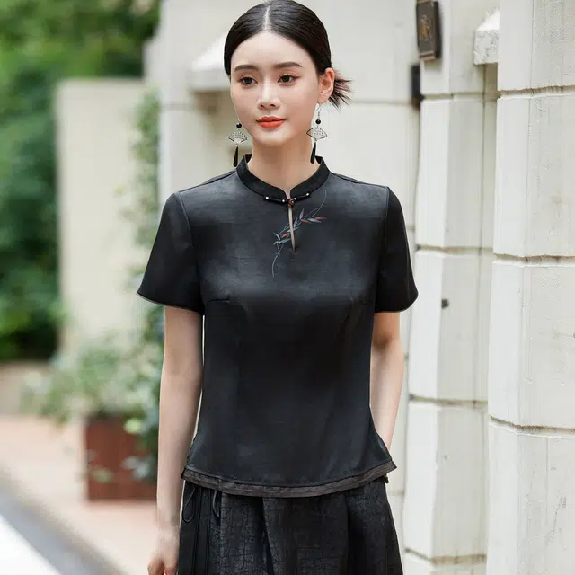 杭依阁 国风手绘气质短袖衬衫 女款 黑色