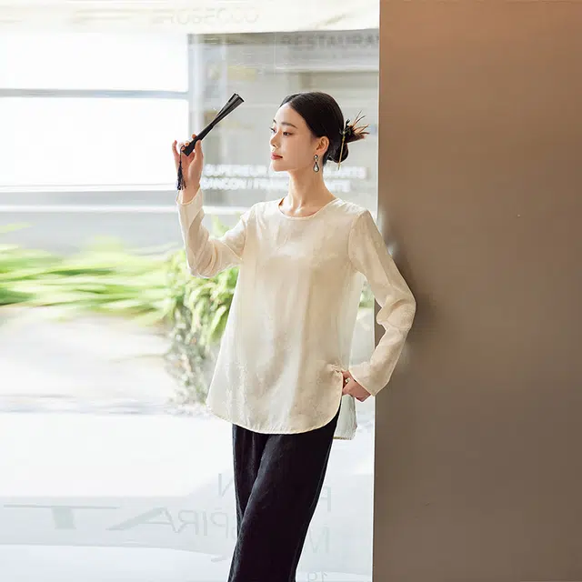 杭依阁 新中式圆领宽松纯色长袖衬衫 女款 白色