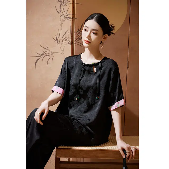 杭依阁 宽松提花拼接短袖衬衫 女款 黑色