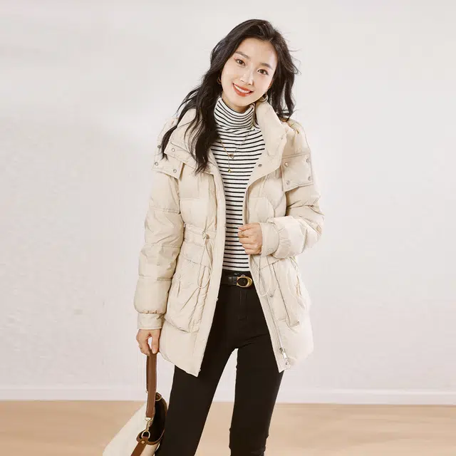 杭依阁 时尚纯色百搭休闲连帽长袖羽绒服 女款 米色