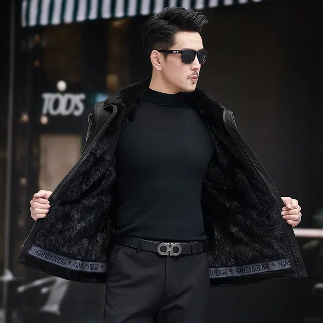比利斯山羊 水貂毛领内胆山羊皮真皮皮衣 男女同款