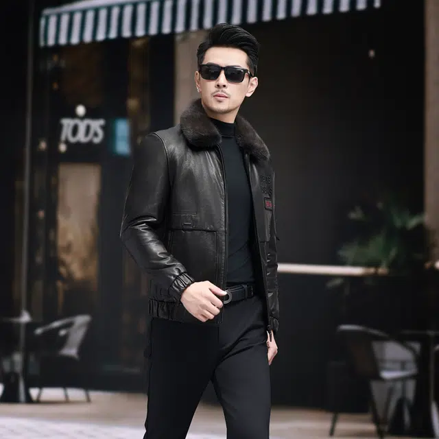 比利斯山羊 简约商务水貂领牛皮真皮皮衣 男女同款