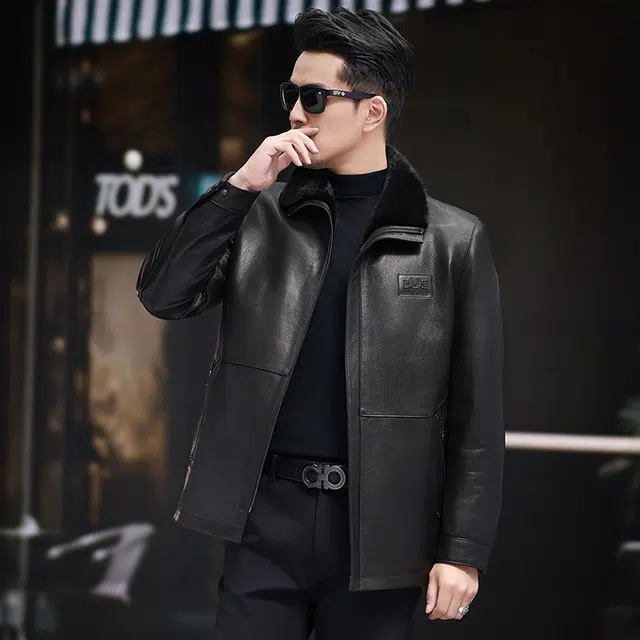 比利斯山羊 水貂毛领内胆山羊皮真皮皮衣 男女同款