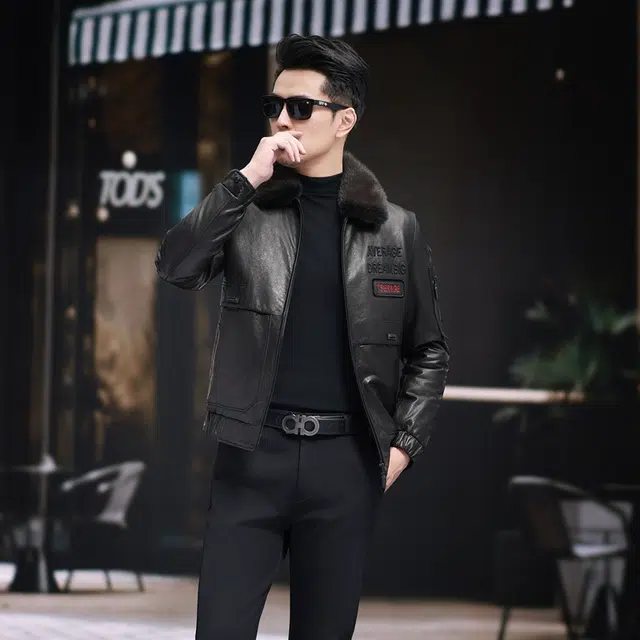 比利斯山羊 简约商务水貂领牛皮真皮皮衣 男女同款