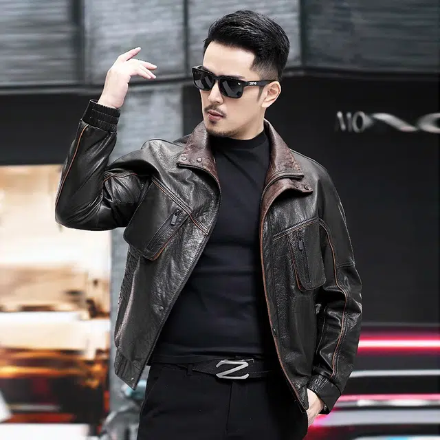 比利斯山羊 时尚大气翻领油蜡牛皮真皮皮衣 男女同款