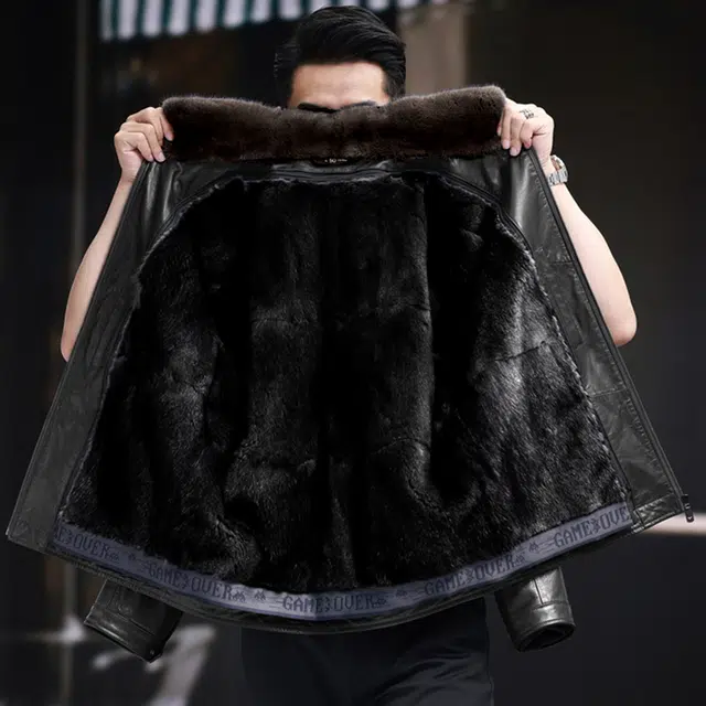 比利斯山羊 时尚休闲水貂毛领内胆真皮皮衣 男女同款