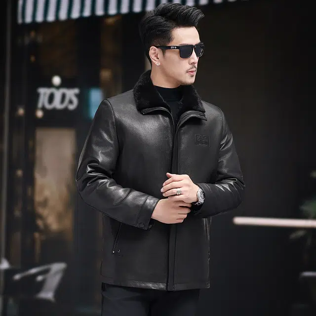 比利斯山羊 水貂毛领内胆山羊皮真皮皮衣 男女同款