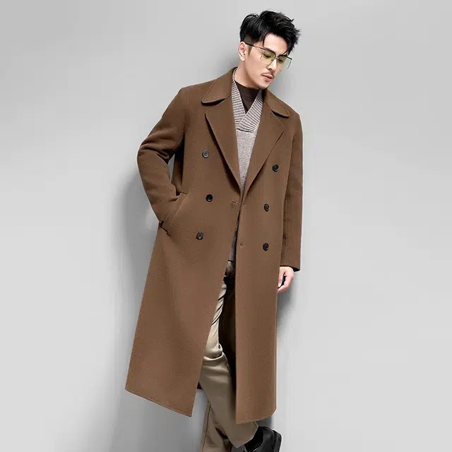 比利斯山羊 纯羊毛长款西装领双排扣双面呢外套毛呢大衣 男女同款