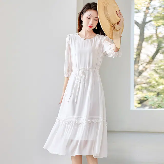 比利斯山羊 桑蚕丝简约纯色轻奢气质优雅长袖连衣裙 女款