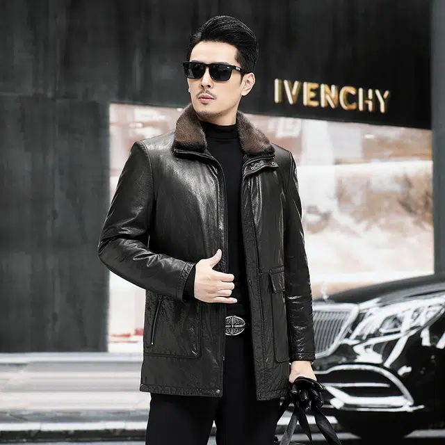 比利斯山羊 时尚休闲水貂毛领真皮皮衣 男女同款