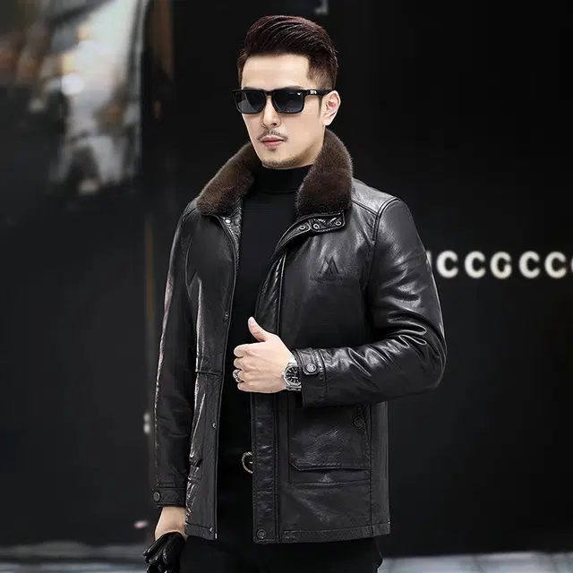 比利斯山羊 水貂毛领商务休闲真皮皮衣 男女同款