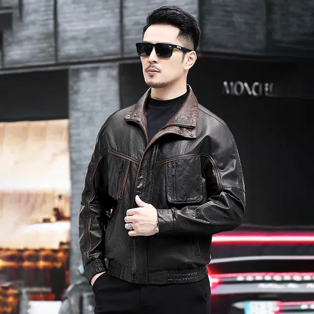 比利斯山羊 时尚大气翻领油蜡牛皮真皮皮衣 男女同款