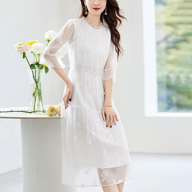 比利斯山羊 夏季桑蚕丝简约轻奢气质优雅长袖连衣裙 女款