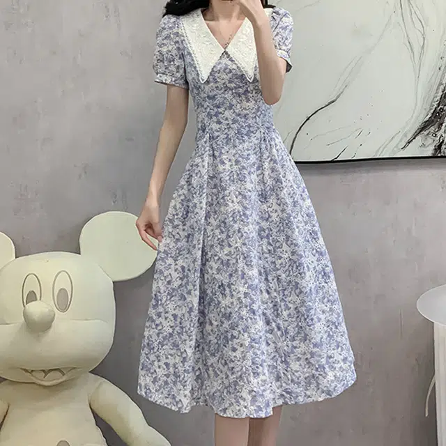 比利斯山羊 法式娃娃领碎花高级感小众设计感茶歇长裙短袖连衣裙 女款