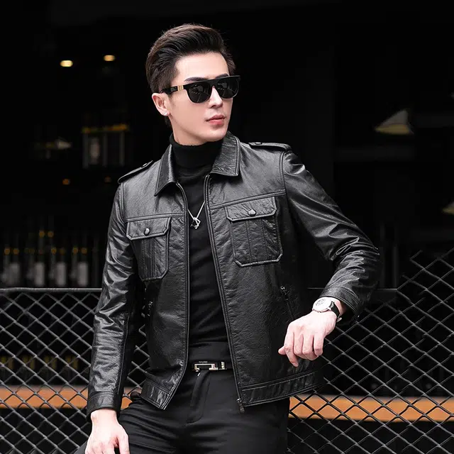 比利斯山羊 时尚简约翻领油蜡真皮皮衣 男女同款