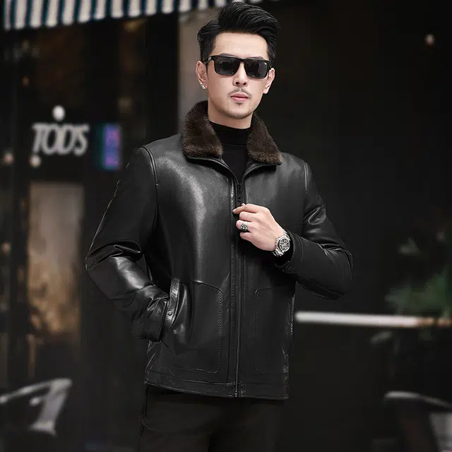 比利斯山羊 时尚休闲水貂毛领内胆真皮皮衣 男女同款