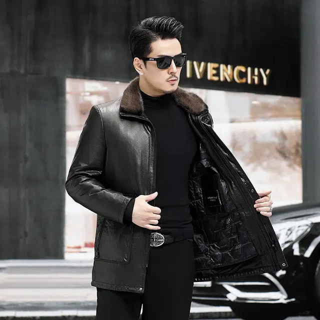 比利斯山羊 时尚休闲水貂毛领真皮皮衣 男女同款