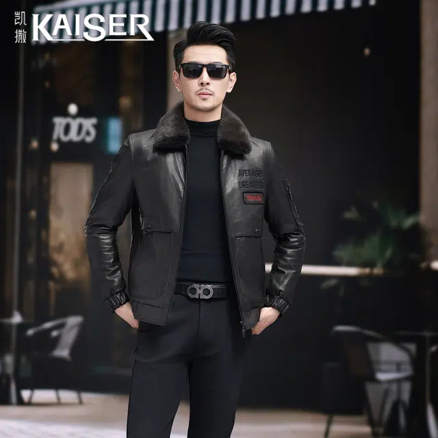 比利斯山羊 简约商务水貂领牛皮真皮皮衣 男女同款