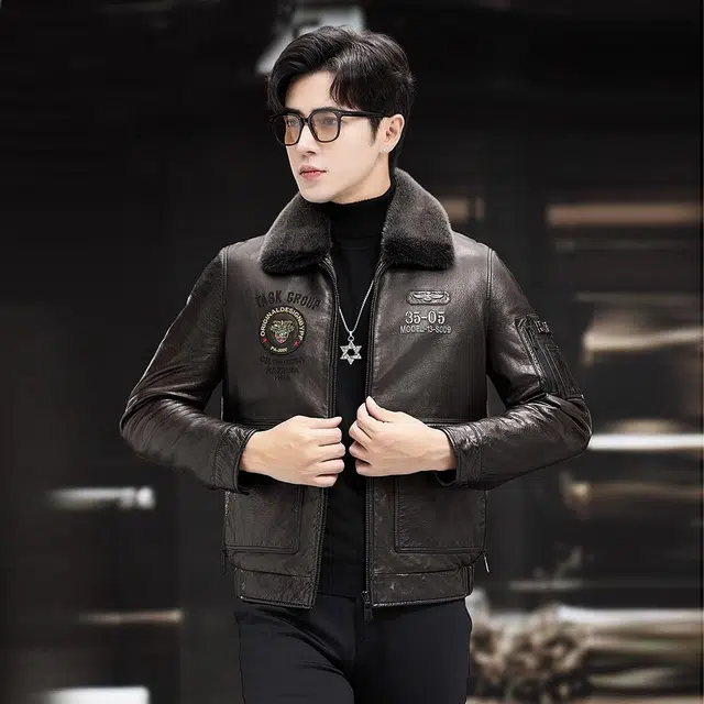 比利斯山羊 时尚休闲水貂毛领羊皮皮衣 男女同款