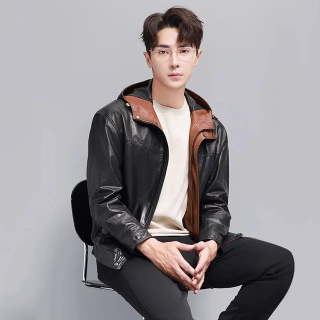 比利斯山羊 时尚简约连帽油蜡牛皮真皮皮衣 男女同款