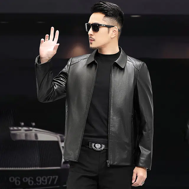 比利斯山羊 时尚休闲简约翻领牛皮真皮皮衣 男女同款