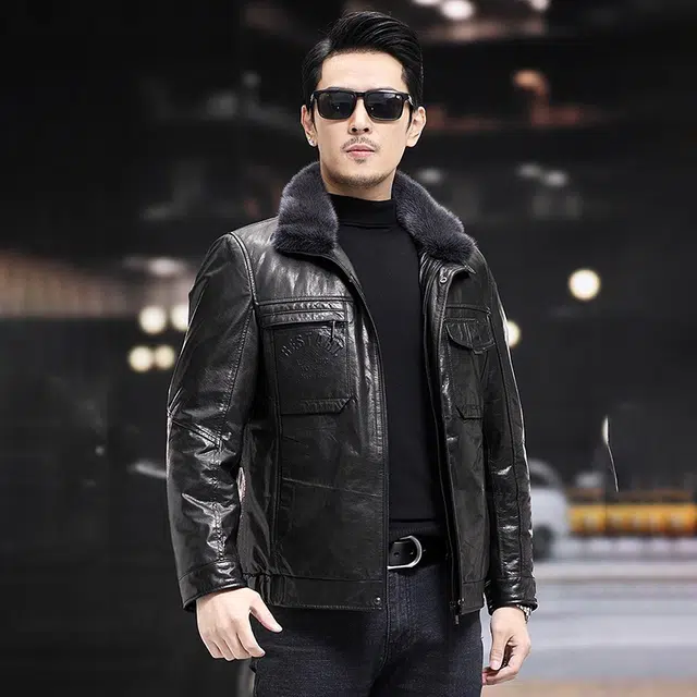 比利斯山羊 水貂毛领白鸭绒油蜡牛真皮皮衣 男女同款