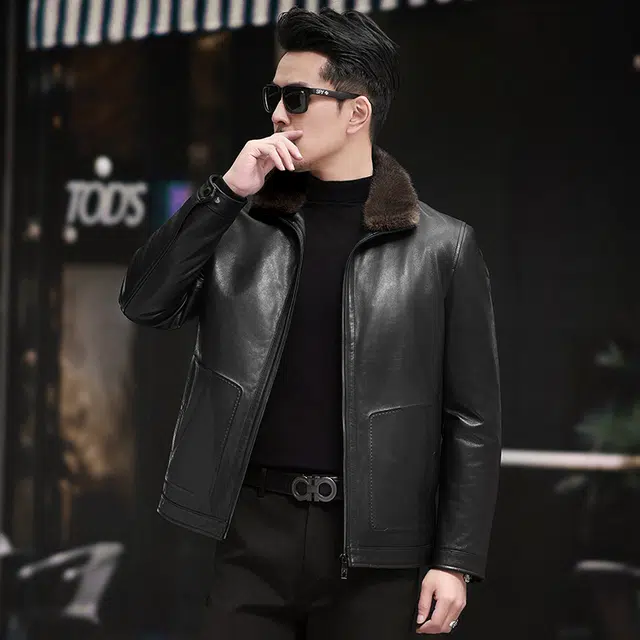 比利斯山羊 时尚休闲水貂毛领内胆真皮皮衣 男女同款