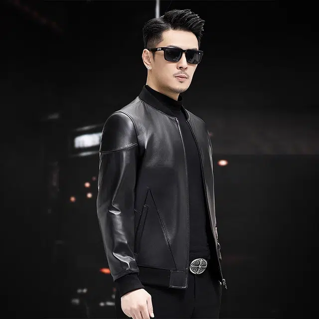 比利斯山羊 棒球领斜插袋拉链真皮皮衣 男女同款