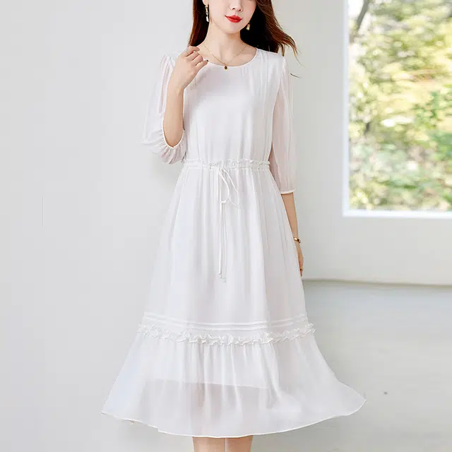 比利斯山羊 桑蚕丝简约纯色轻奢气质优雅长袖连衣裙 女款