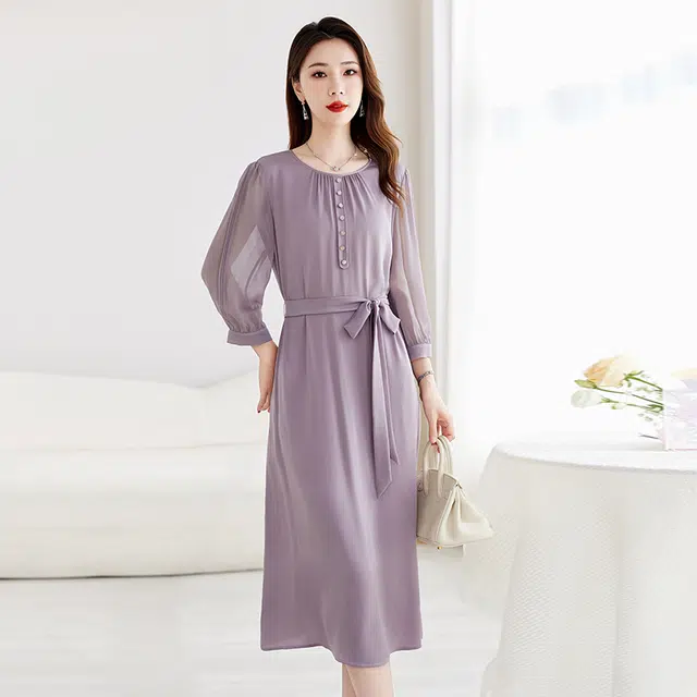 比利斯山羊 桑蚕丝轻奢气质优雅简约长袖连衣裙 女款