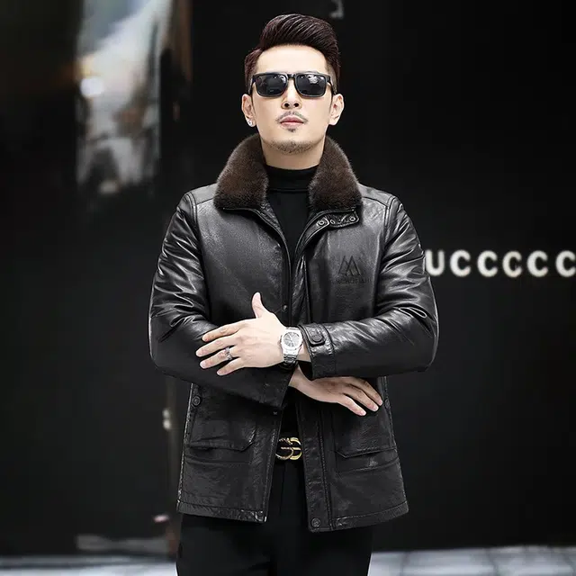 比利斯山羊 水貂毛领商务休闲真皮皮衣 男女同款
