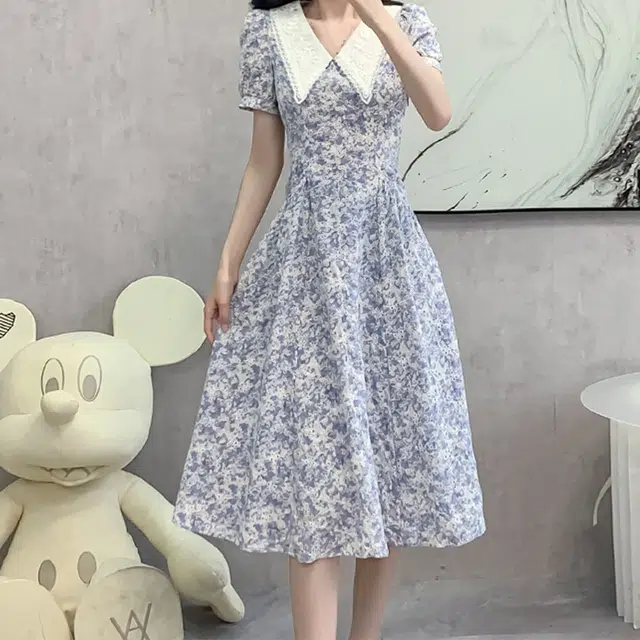 比利斯山羊 法式娃娃领碎花高级感小众设计感茶歇长裙短袖连衣裙 女款