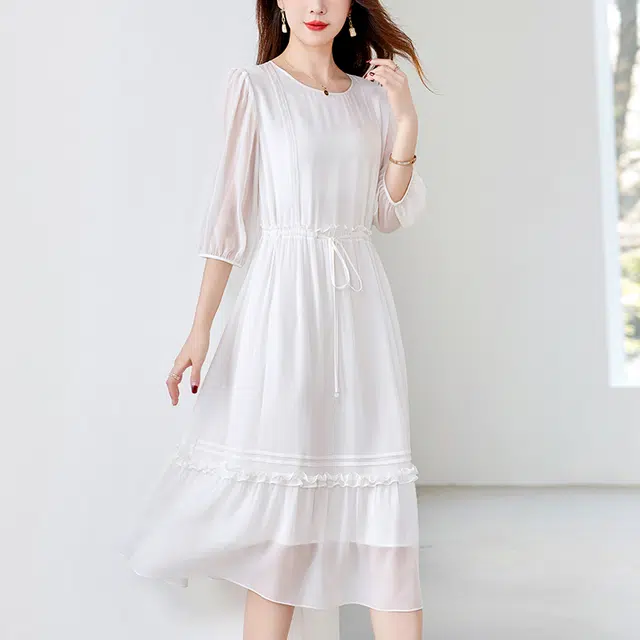 比利斯山羊 桑蚕丝简约纯色轻奢气质优雅长袖连衣裙 女款