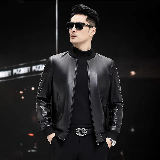 比利斯山羊 棒球领斜插袋拉链真皮皮衣 男女同款