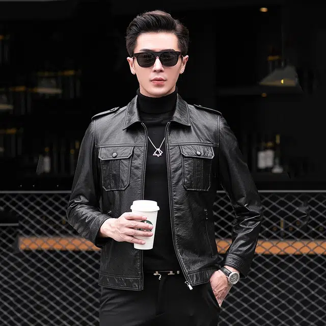 比利斯山羊 时尚简约翻领油蜡真皮皮衣 男女同款
