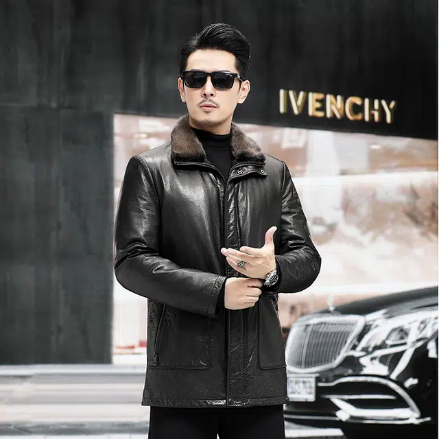 比利斯山羊 时尚休闲水貂毛领真皮皮衣 男女同款